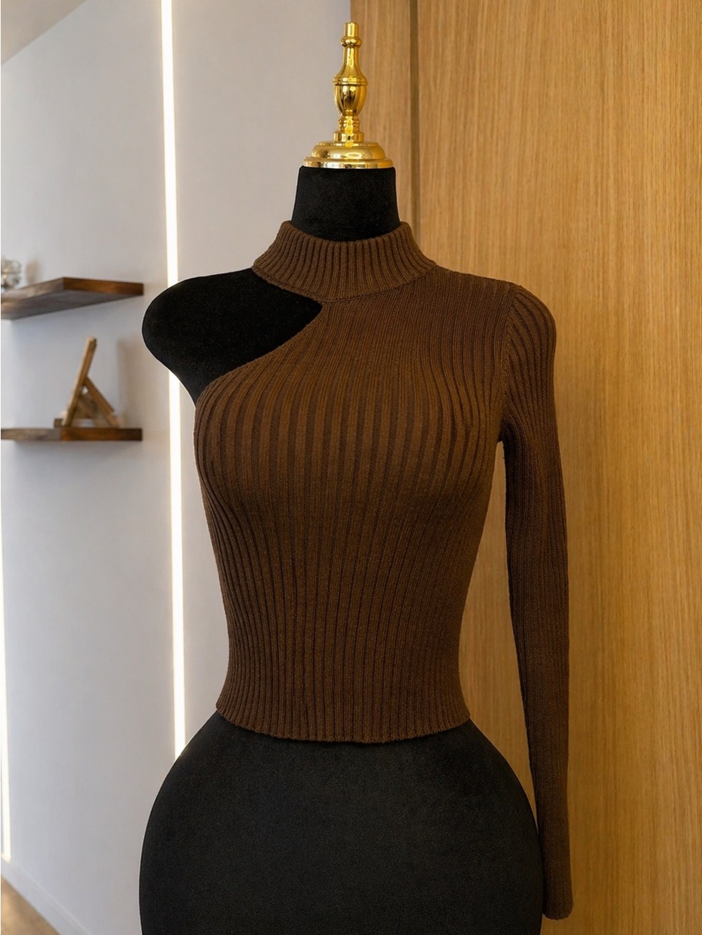 Bershka One Shoulder Ribbed Knit Top in Chocolate Brown | Asymmetric Muse